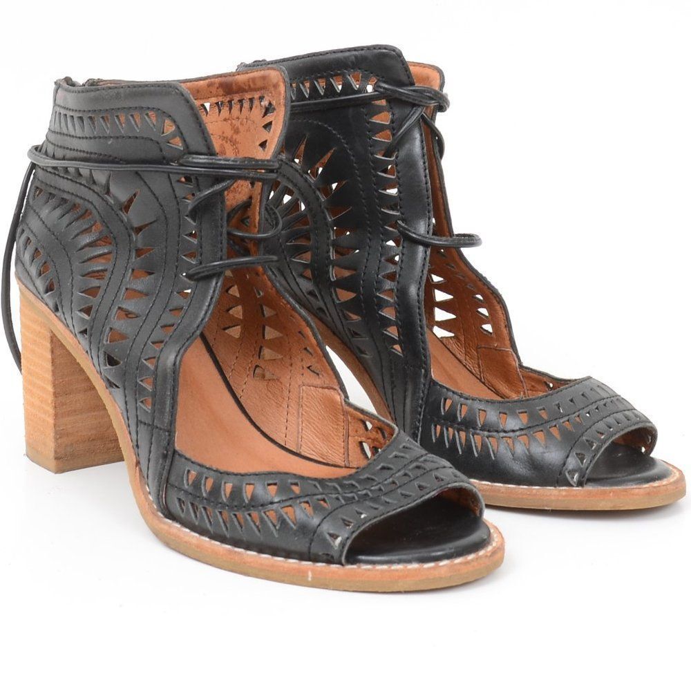 Jeffrey CampbellβCordillo Black Leather Laser Cut Out Block Heels Women's Size 8